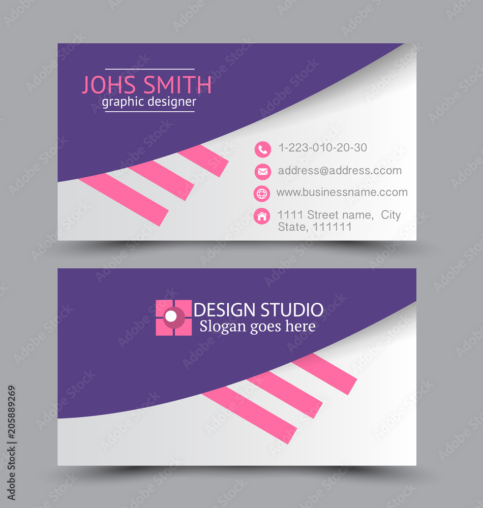Business card set template for business identity corporate style. Vector illustration. Purple and pink color.