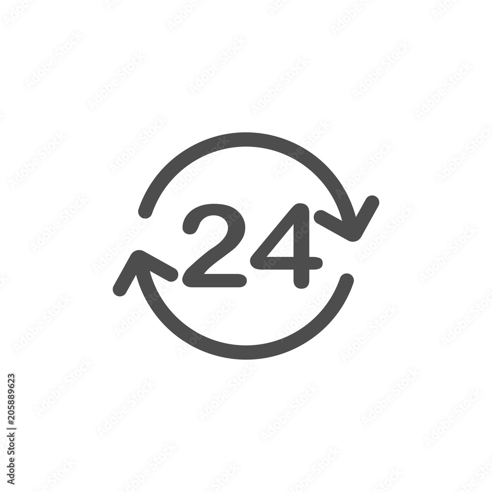24 hours icon. 24 hours sign. Time clock icon vector illustration. Flat design. 24 hours icon. 24 hours sign. Time clock icon vector illustration. Flat design.