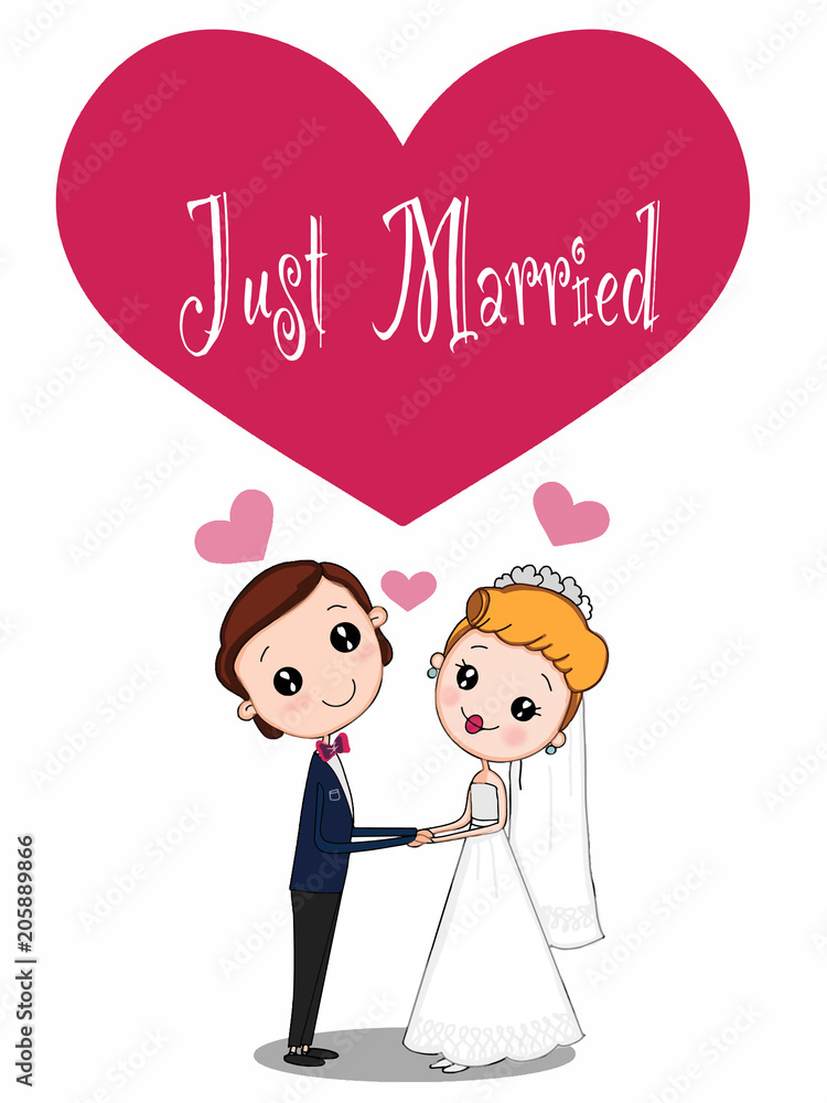 cute wedding couple cartoon and just married text illustration Stock  Illustration | Adobe Stock