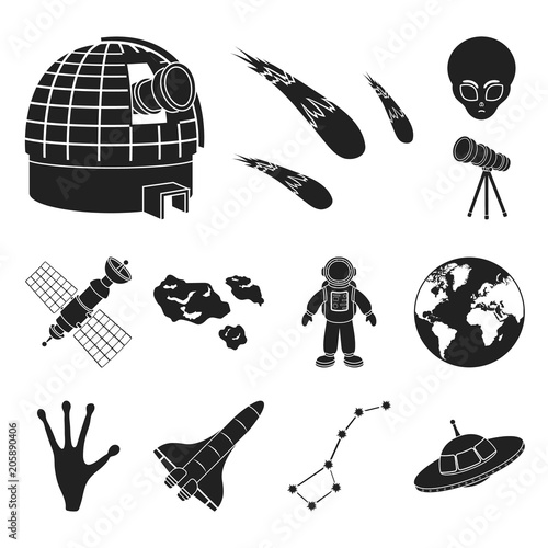 Space technology black icons in set collection for design.Spacecraft and equipment vector symbol stock web illustration.