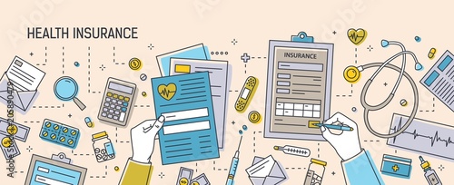 Horizontal banner with hands filling out health insurance documents surrounded by paper forms, medications, medical equipment and tools. Colorful vector illustration in modern line art style.