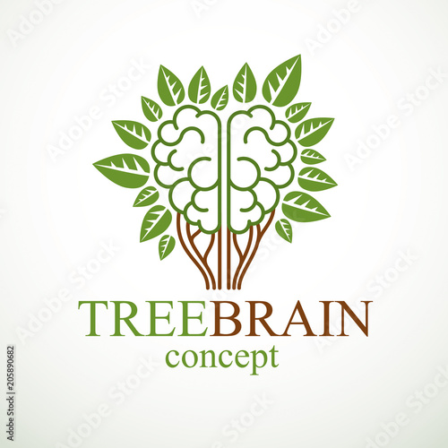 Tree Brain concept, the wisdom of nature, intelligent evolution. Human anatomical brain in a shape of tree with green leaves. Brain feeding with diet products. Vector logo or icon design.