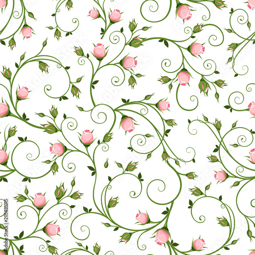 Vector seamless floral pattern with pink rosebuds on a white background.