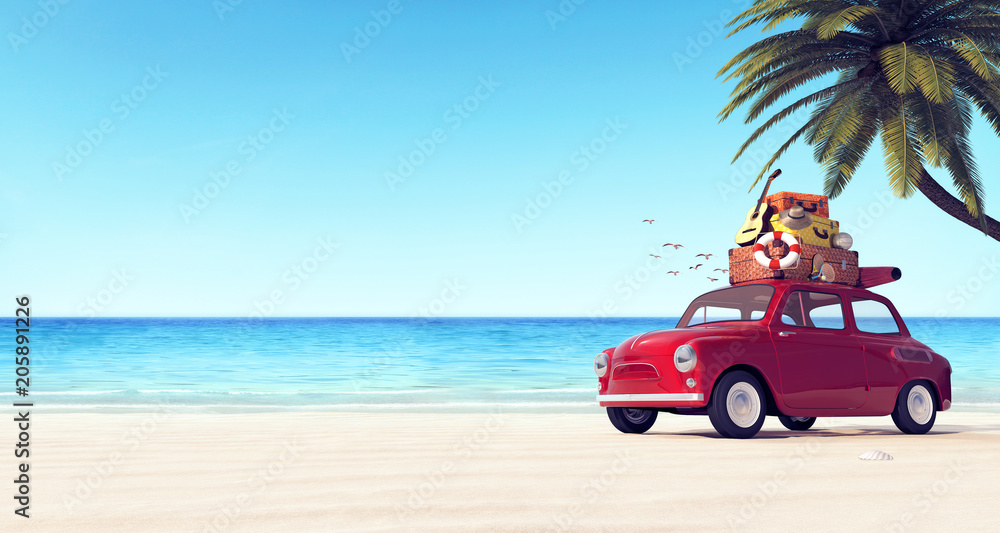 Car with luggage on the roof on the beach ready for summer vacation 3D ...