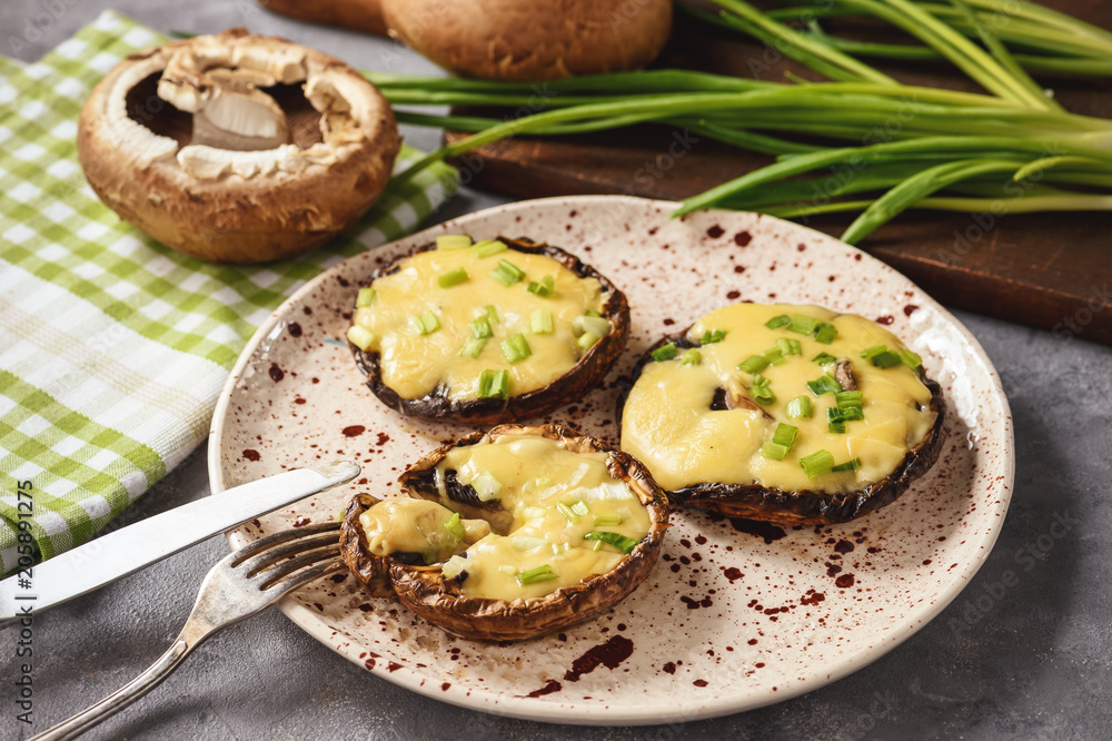 Grilled and stuffed with cheese and leek mushrooms. Grilled and stuffed with cheese and leek mushrooms.
