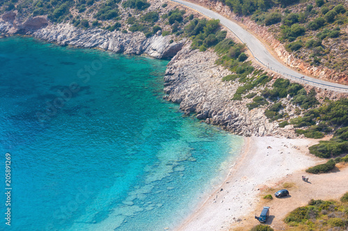 Fototapeta Naklejka Na Ścianę i Meble -  A beautiful Bay surrounded by mountains, wild beach of the Aegean sea, Marmaris Turkey