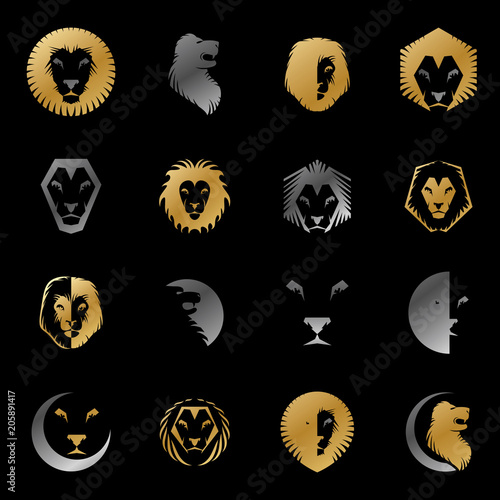 Fototapeta Naklejka Na Ścianę i Meble -  Brave Lion King faces emblems elements set. Heraldic Coat of Arms decorative logos isolated vector illustrations collection.