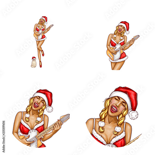 Vector avatar of pop art christmas sexy girl in costume of Santa Claus sings song with cat, plays electric guitar. Networking element for chat, blog isolated in white circle