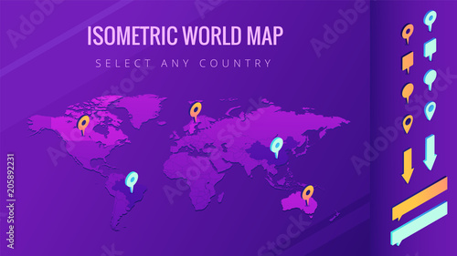 World map isometric vector illustration. The world map with pins, arrows and bubbles. Country select and allocation concept. Design for infographic template. 3d illustration on ultraviolet background.