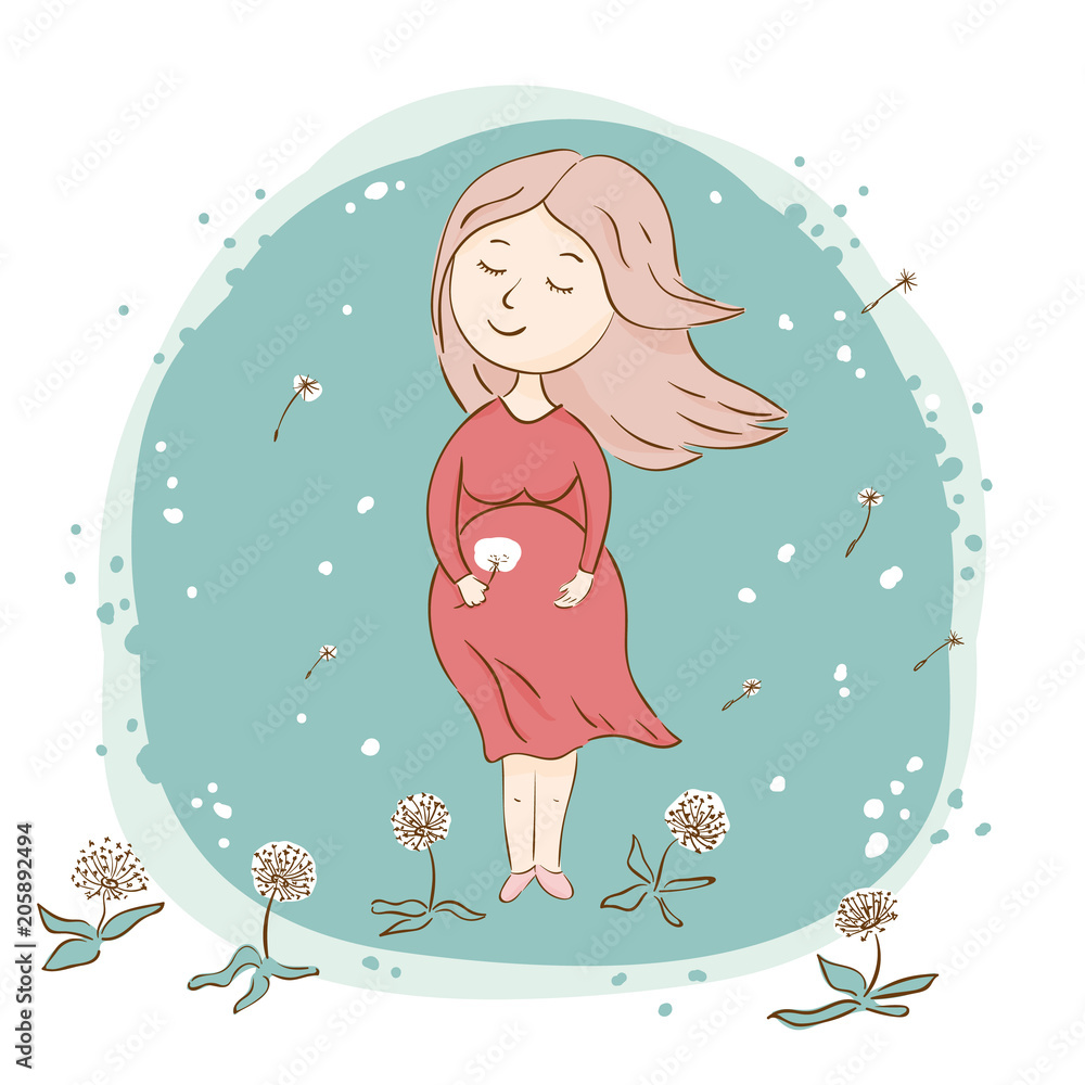 Pregnant woman with dandelions. Happiness and wind. On a blue background Pregnant woman with dandelions. Happiness and wind. On a blue background