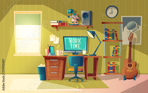 Vector cartoon illustration of empty home office, modern interior with furniture. Computer, books and coffee cup on table. Workplace concept, cozy room for freelance job or education