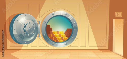 Vector cartoon illustration of bank vault, metallic iron safe door. Gold, cash, currency inside of room. Financial concept, business template. Storage gate with electronical lock.