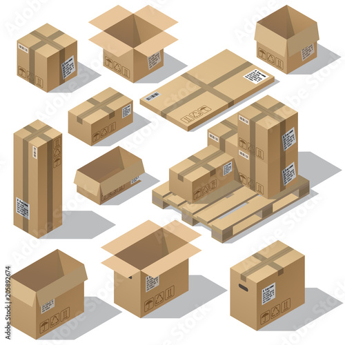 Vector 3d isometric set of cardboard packaging, mail for delivery isolated on white background. Open and closed pasteboard boxes of different shapes on wooden pallet