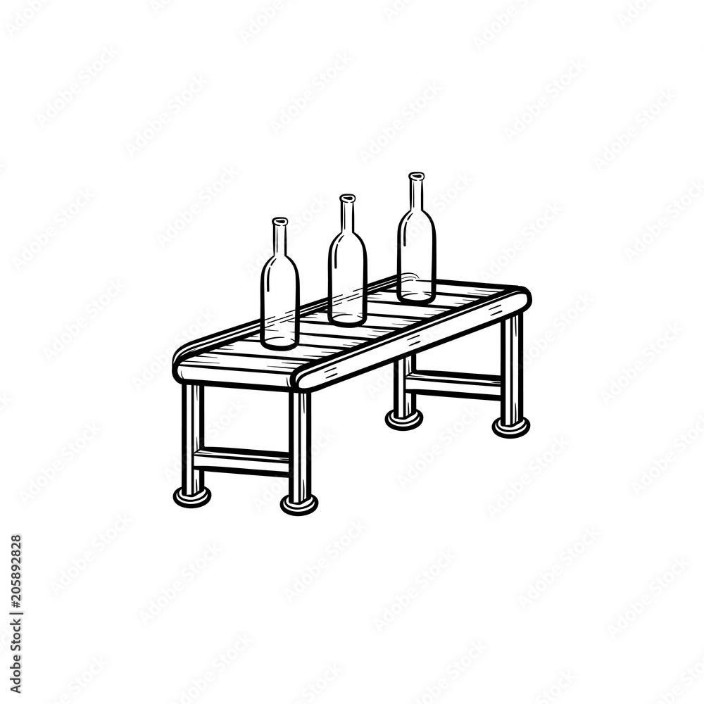 Conveyor belt with glass or plastic bottles hand drawn outline doodle ...
