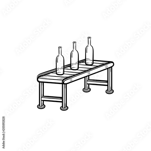 Conveyor belt with glass or plastic bottles hand drawn outline doodle icon. Modern factory concept vector sketch illustration for print, web, mobile and infographics isolated on white background.