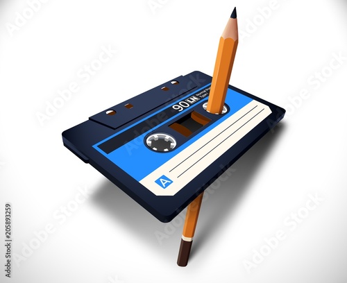 Compact cassette 80s style with music tape and pencil for manual rewind