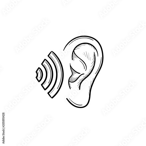 Human ear with sound waves hand drawn outline doodle icon. Human ear as a concept of listening vector sketch illustration for print, web, mobile and infographics isolated on white background.
