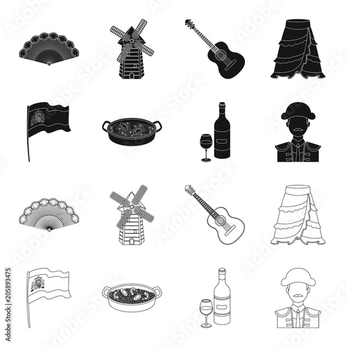 Flag with the coat of arms of Spain, a national dish with rice and tomatoes, a bottle of wine with a glass, a bullfighter, a matador. Spain country set collection icons in black,outline style vector