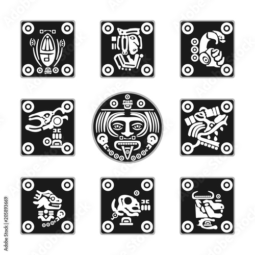 set of flat Aztec ornament icons