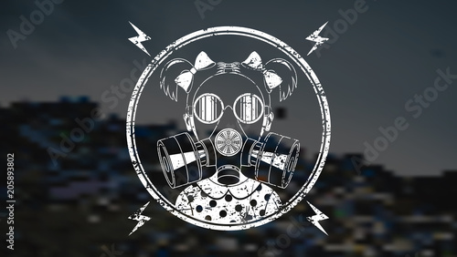 Little girl in a gas mask, worn badge.