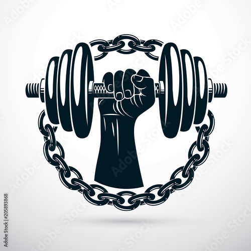 Vector illustration of athletic sportsman biceps arm holding dumbbell and surrounded by iron chain, symbol of strength and healthy lifestyle. Fitness workout.