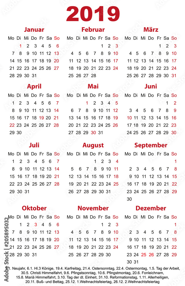 Kalender 2019 Visitenkartenformat mit Feiertagen Stock Vector | Adobe Stock