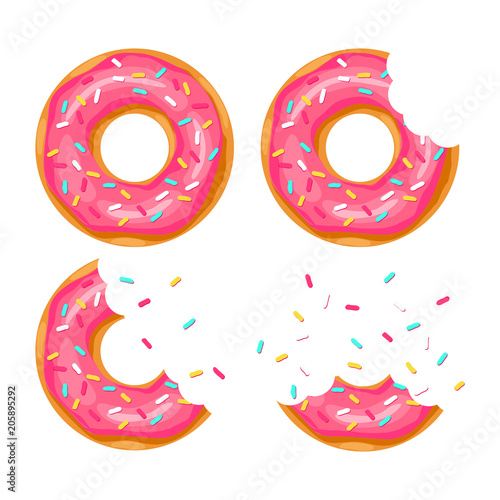 whole donut and half-eaten donut with pink glaze. vector illustration 