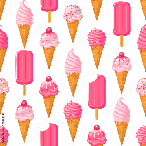 Pink ice cream seamless pattern on white background