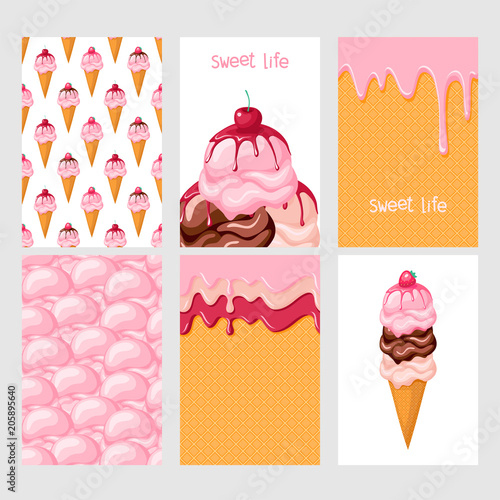 Set of sweet food cards. Vanilla, chocolate, pink  ice cream with strawberry and cherry topping. Seamless pattern waffles, ice cream cone, strawberry ice cream balls