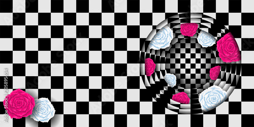 Red and white roses on chess background. Wonderland rabbit hole