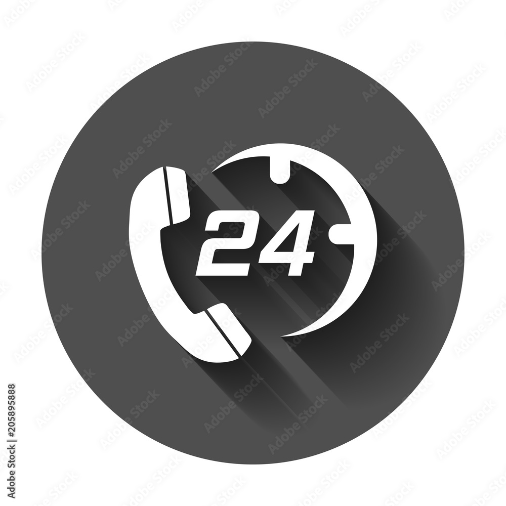 Technical support 24/7 vector icon in flat style. Phone clock help illustration with long shadow. Computer service support concept. Technical support 24/7 vector icon in flat style. Phone clock help illustration with long shadow. Computer service support concept.