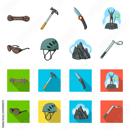 Helmet, goggles, wedge safety, peaks in the clouds.Mountaineering set collection icons in cartoon,flat style vector symbol stock illustration web.