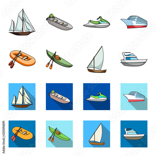 A rubber fishing boat, a kayak with oars, a fishing schooner, a motor yacht.Ships and water transport set collection icons in cartoon,flat style vector symbol stock illustration web.