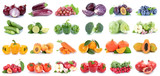 Obst und Gemüse Früchte Apfel Tomaten Paprika Orangen Beeren Salat Zwiebeln Farben Collage Freisteller freigestellt isoliert