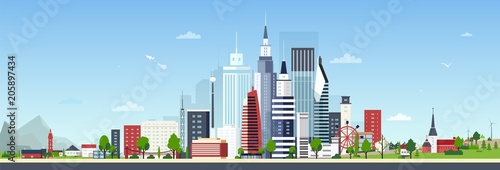 Urban landscape with modern down town or city center and small private reside...