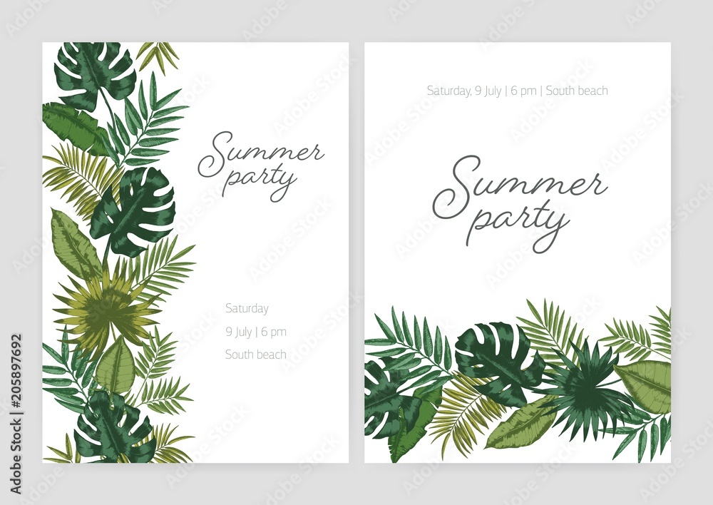 Fototapeta premium Set of summer party invitation, poster, flyer templates with borders made of green foliage of tropical plants and exotic palm tree leaves on white background and place for text. Vector illustration.