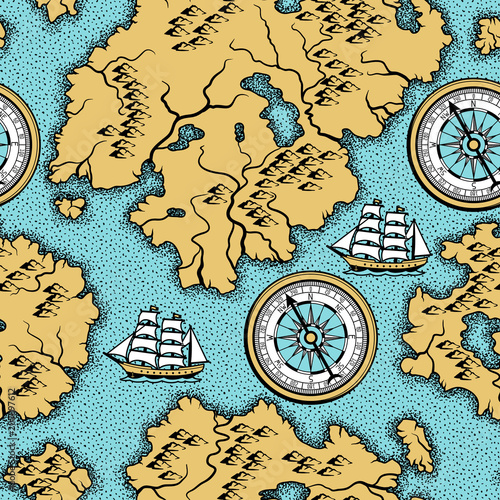Seamless pattern with old nautical map.