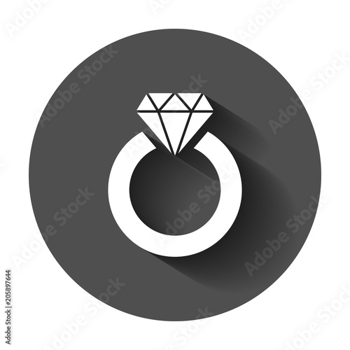 Ring with diamond vector icon in flat style. Gold jewelery ring illustration with long shadow. Engagement business concept.