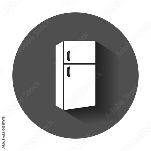 Fridge refrigerator vector icon in flat style. Frig freezer illustration with long shadow. Refrigerator business concept.