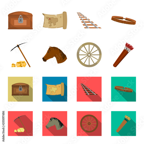 Pickax hoe, horse head, wheel cart, quiver with arrows.Wild west set collection icons in cartoon,flat style vector symbol stock illustration web.