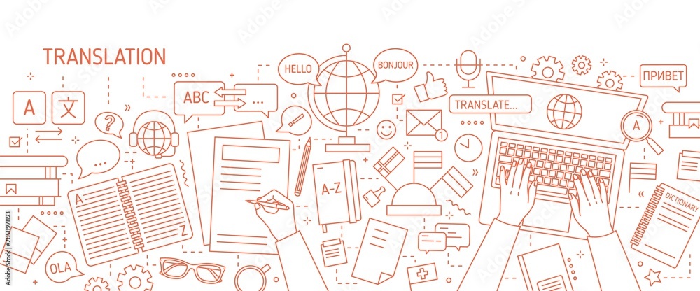 Monochrome banner with hands typing on laptop keyboard and writing on paper drawn with contour lines on white background. Translation of foreign languages. Vector illustration in lineart style.