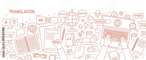 Monochrome banner with hands typing on laptop keyboard and writing on paper drawn with contour lines on white background. Translation of foreign languages. Vector illustration in lineart style.