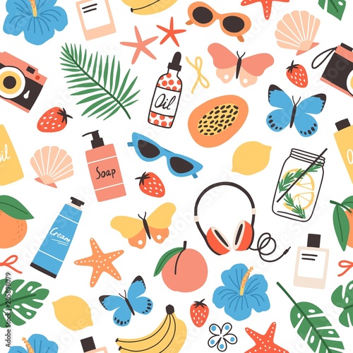 Summer seamless pattern fresh tropical fruits, seashells, exotic flowers, palm leaves, sunglasses, butterflies. Bright colored seasonal backdrop. Vector illustration for textile print, wrapping paper.