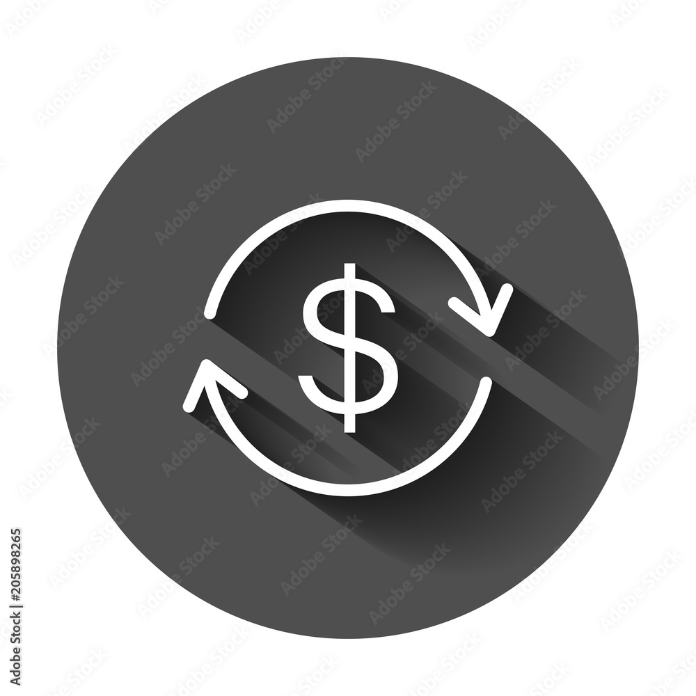 Money dollar with arrow icon in flat style. Exchange rate money illustration with long shadow. Financial strategy business concept. Money dollar with arrow icon in flat style. Exchange rate money illustration with long shadow. Financial strategy business concept.