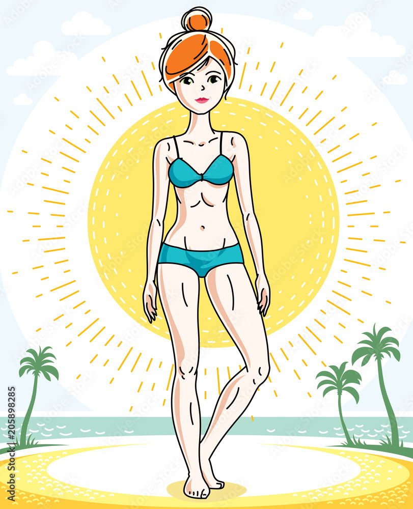 Attractive young red-haired woman posing on tropical beach with palms and wearing blue bikini. Vector nice lady illustration. Lifetime theme clipart.