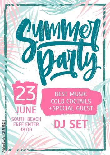 Summer dance party invitation, flyer or poster template with lettering writte...