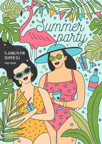 Summer party invitation template with happy women in swimsuits and sunglasses...