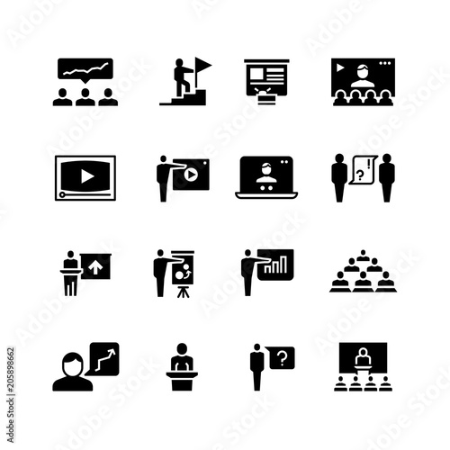 Presentation business event symbols. Training video conference icons. Students in class with speaker pictograms vector set isolated