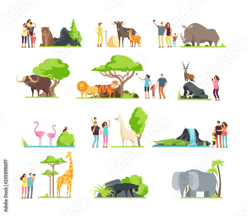 Happy families, kids with parents and wild zoo animals in wildlife park. Vector cartoon set isolated on white background