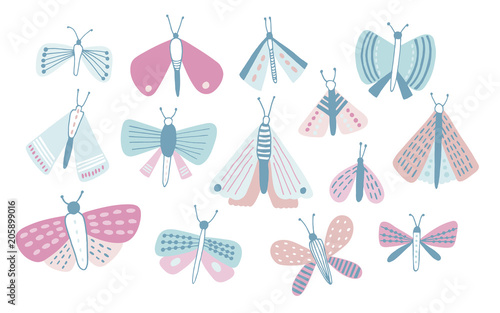 Bundle of pastel colored cartoon moths of different types and sizes isolated ...